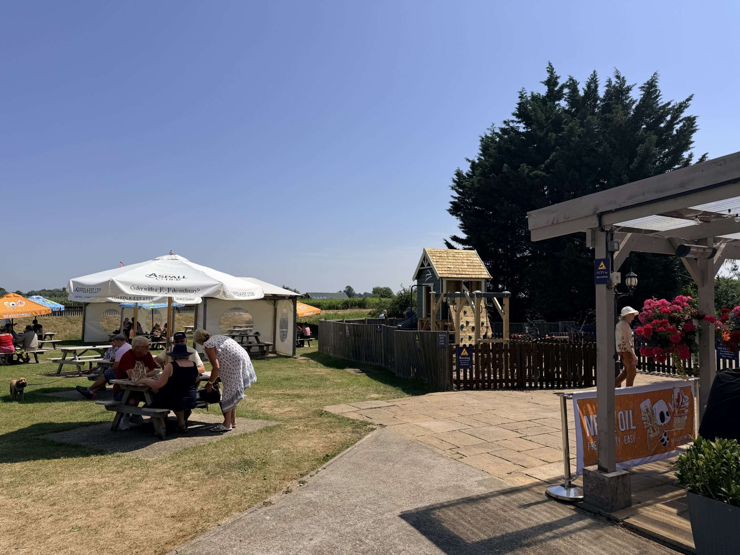 Visitors enjoying the outdoor terrace and dog-friendly garden space at The Acle Bridge Inn, overlooking open Norfolk countryside.