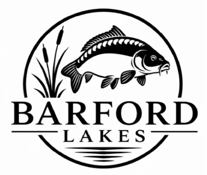 Black and white Barford Lakes logo featuring a fish and reed design.